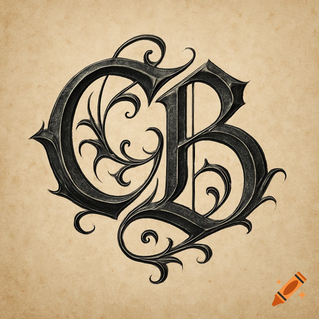 A dark gothic calligraphy logo with the letters C and B merged, on a textured beige background.