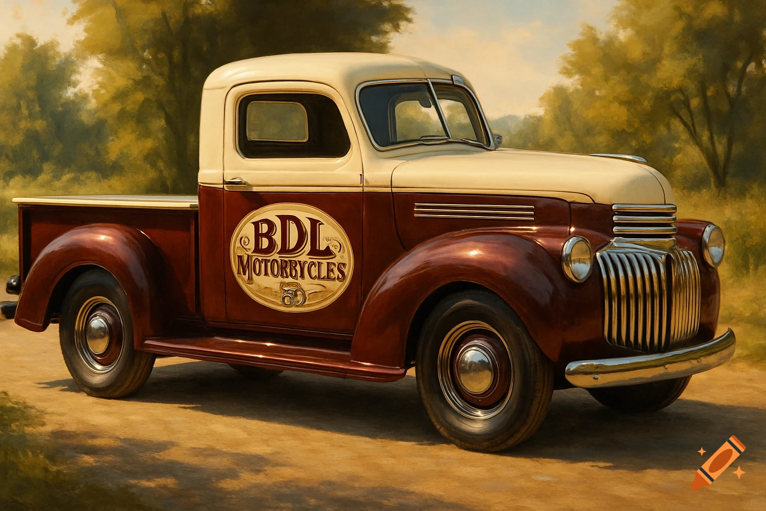 A painterly image of a two-tone cream and burgundy vintage pickup truck with "BDL Motorbycles" on its door, on a dirt road.