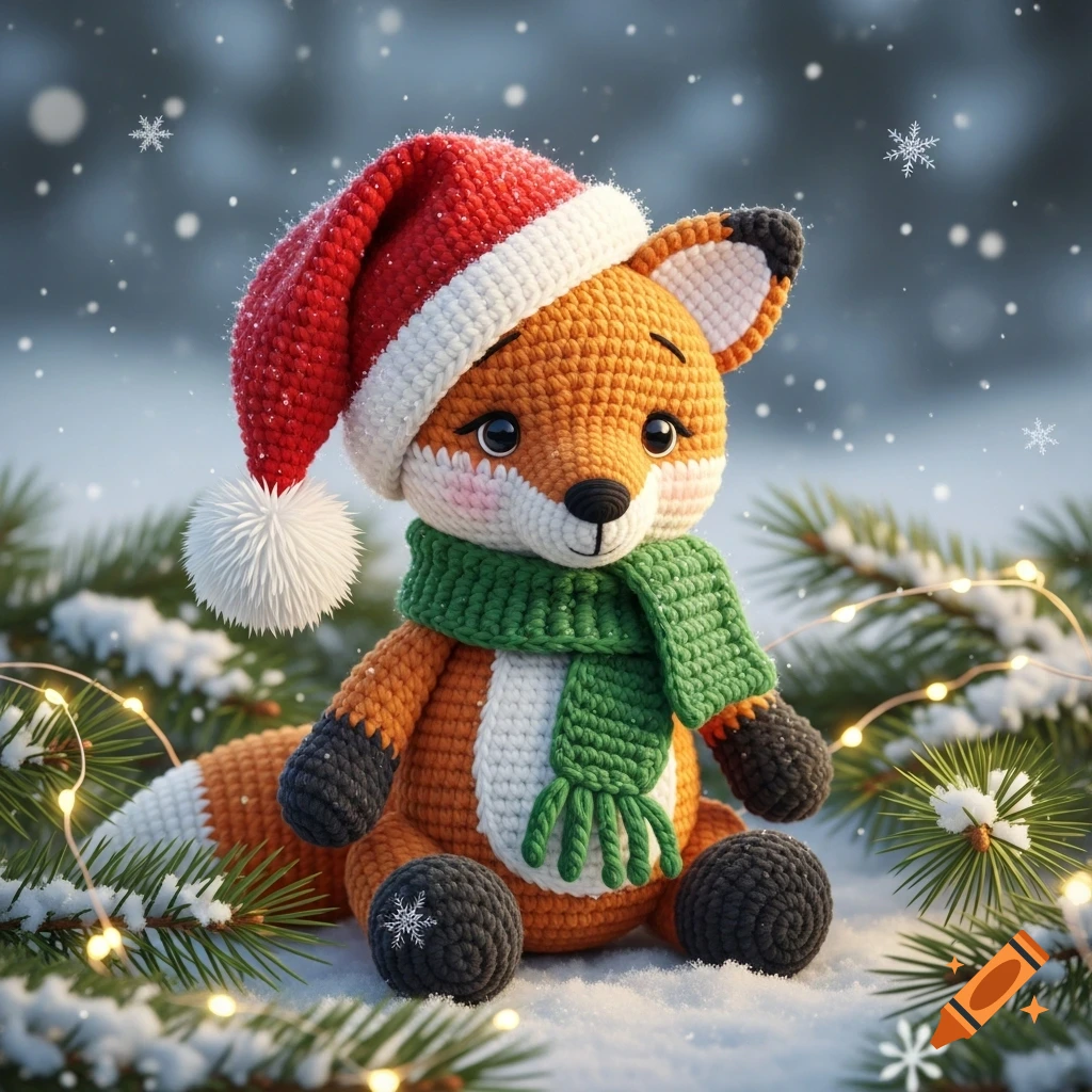 A cute crocheted fox wearing a red Santa hat and green scarf sits in the snow surrounded by pine needles and string lights.