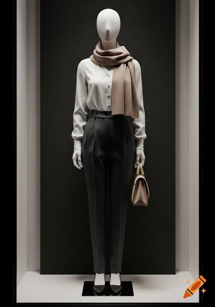 A photorealistic image of a white mannequin wearing a white pinstripe button-down shirt, dark grey pleated trousers, a beige scarf, black heels, and holding a small beige handbag.