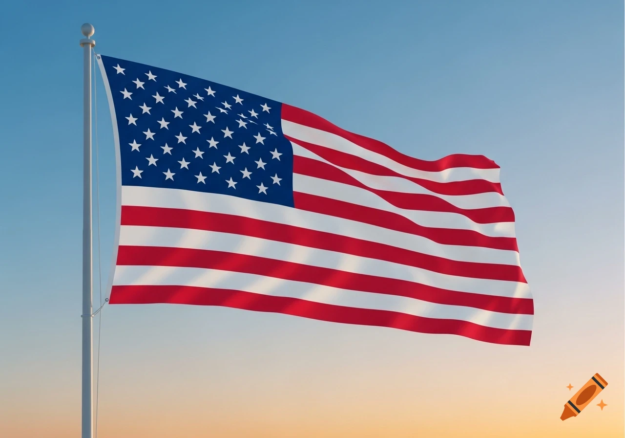 An American flag with blue stripes and a red star field, waving against a clear blue and orange sky.