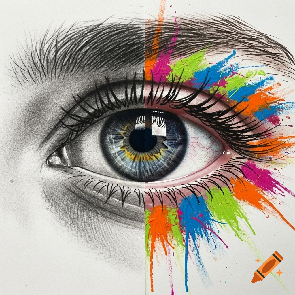 Detailed close-up of a human eye, half grayscale pencil drawing, half vibrant, colorful paint splatters.
