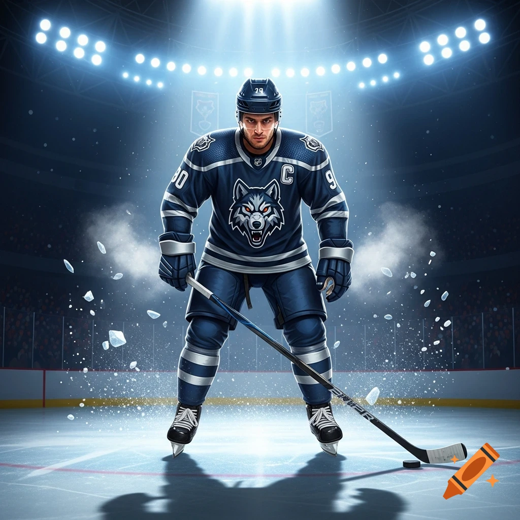 A powerful hockey player in a navy blue uniform with a wolf emblem and silver stripes stands on an ice rink under stadium lights, holding a hockey stick.
