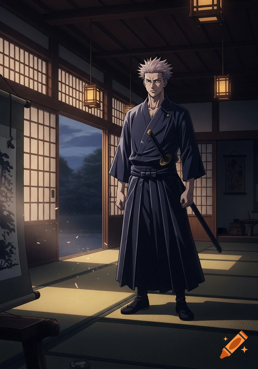 Anime-style male character in a dark blue kimono and hakama, holding a katana, standing in a traditional Japanese room with shoji screens.