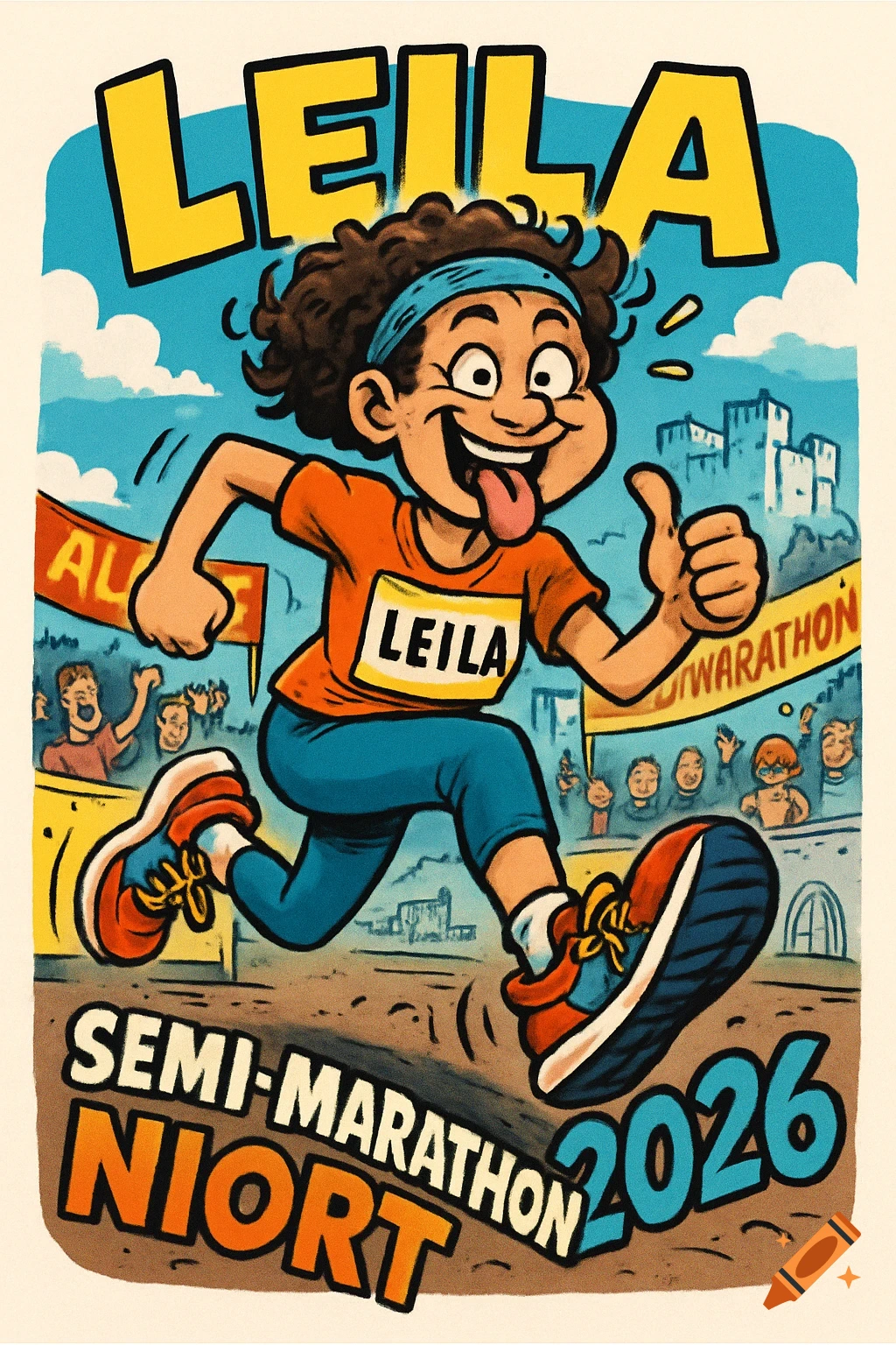 A humorous cartoon of a runner named Leila smiling and giving a thumbs-up during a semi-marathon in Niort in 2026, in a vibrant, comic book style.