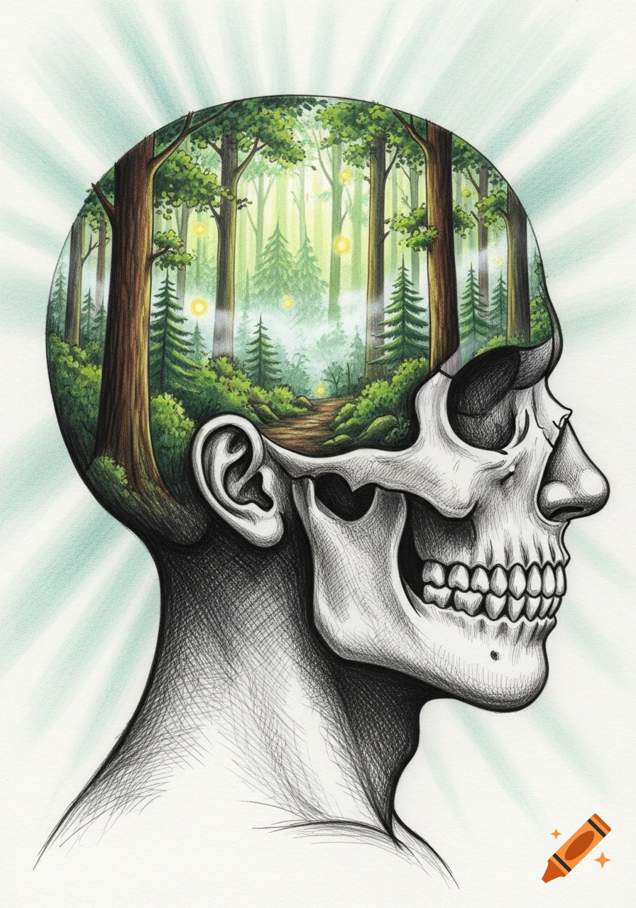 A surreal mixed-media drawing of a human head in profile; one side is a skull in charcoal, the other and interior is a lush, mystical forest with glowing lights in colored pencil.