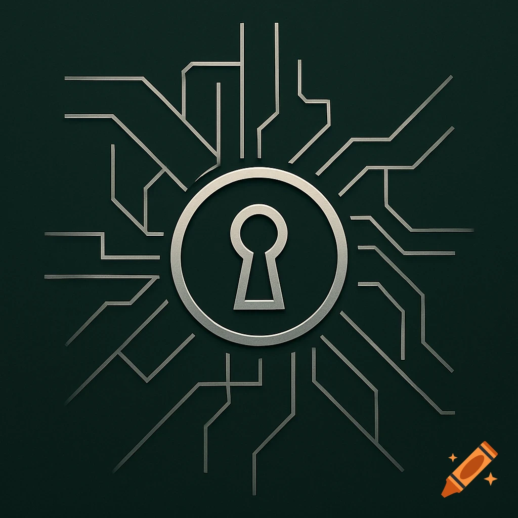 A silver keyhole icon surrounded by radiating circuit board lines on a dark green background.