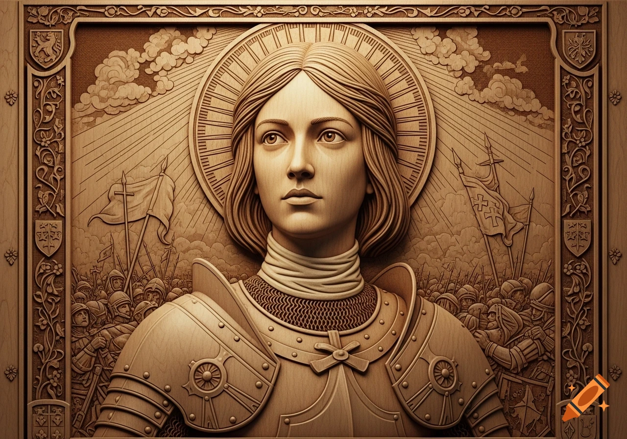 Wood carving of Joan of Arc in armor, looking up, with a medieval battle scene and sun rays in the background.