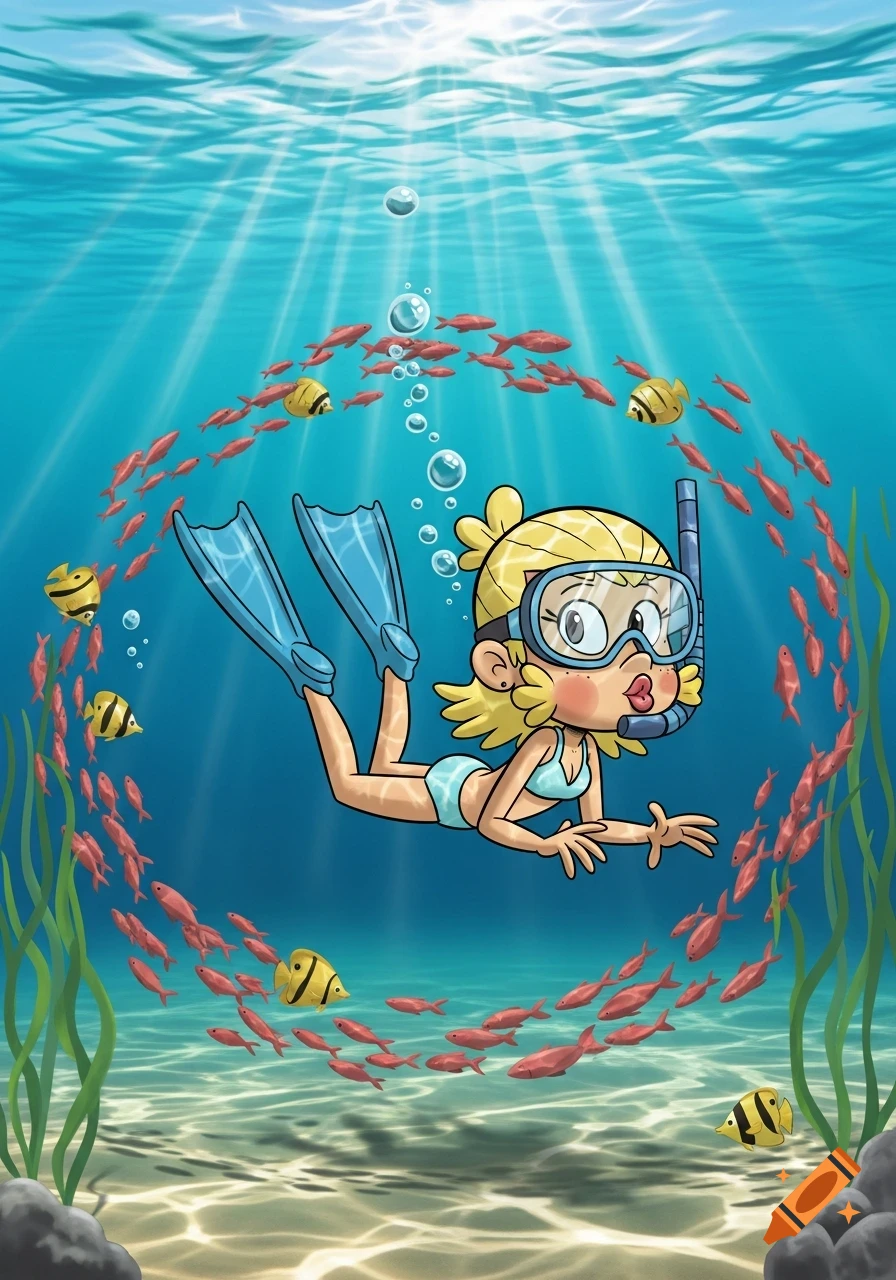 Cartoon girl with blonde hair in a blue bikini and snorkel gear making a fish face underwater surrounded by fish and sunlight.