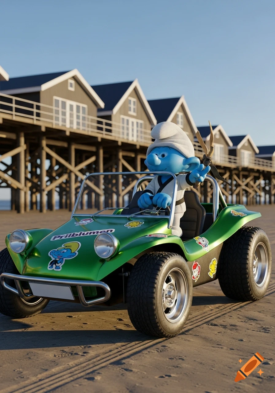 A Smurf in a white karate gi drives a green dune buggy with stickers on a sandy beach, with a wooden pier and houses in the background.