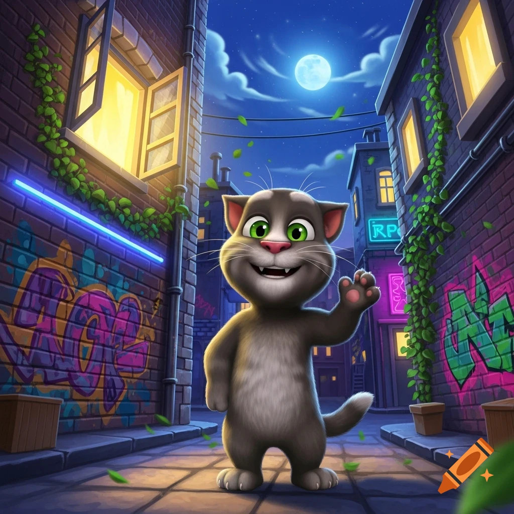 Talking Tom, a gray cartoon cat, waves in a moonlit alley with graffiti, neon lights, and glowing windows.