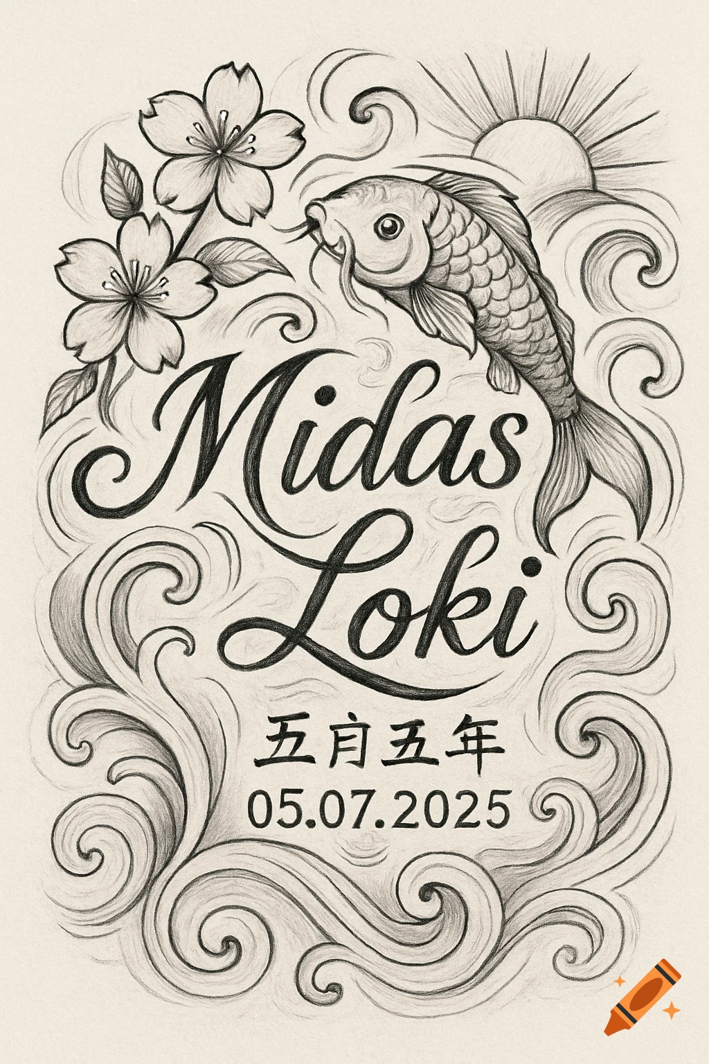 Pencil sketch tattoo design featuring a koi fish swimming amidst waves and cherry blossoms. The names Midas Loki are prominently displayed in script above the date 05.07.2025 and Japanese characters.