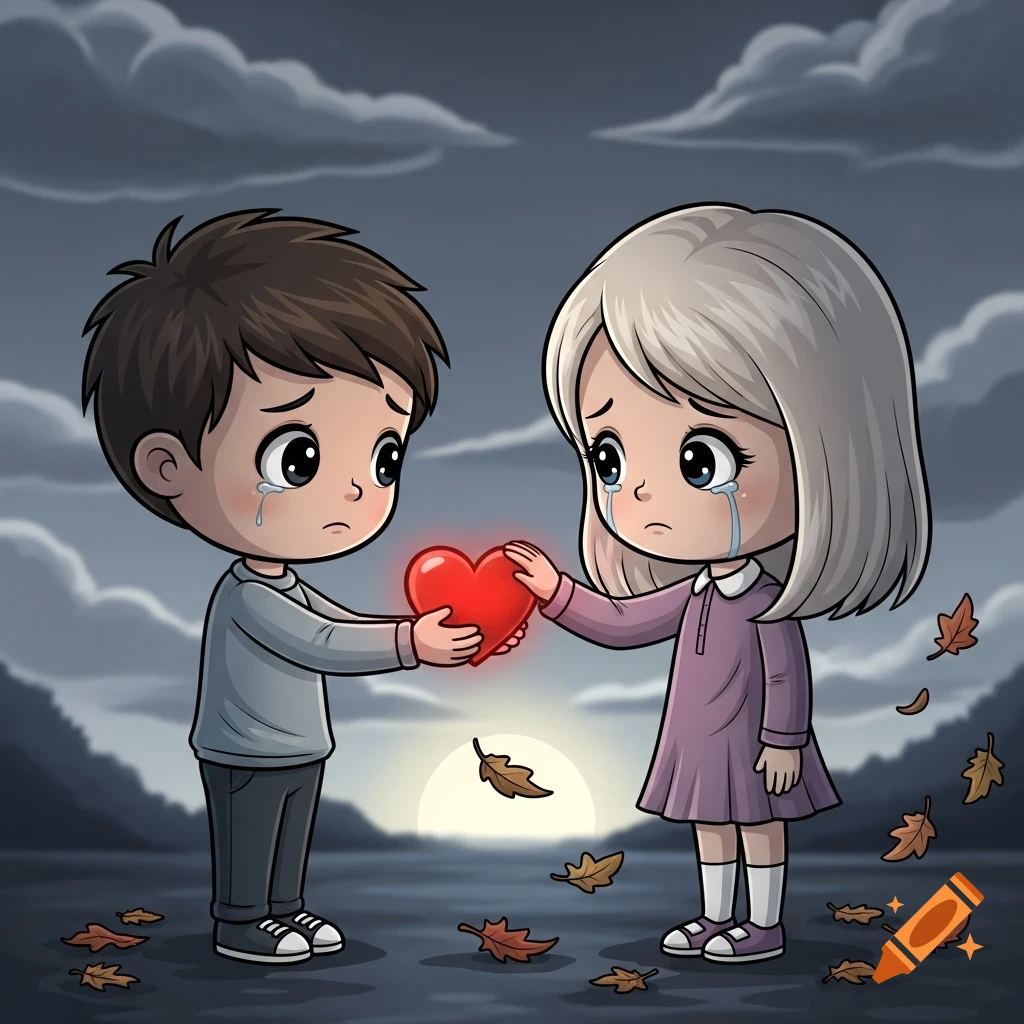 A sad cartoon boy offers a glowing red heart to a crying girl amidst fallen leaves in a stylized, dim landscape.