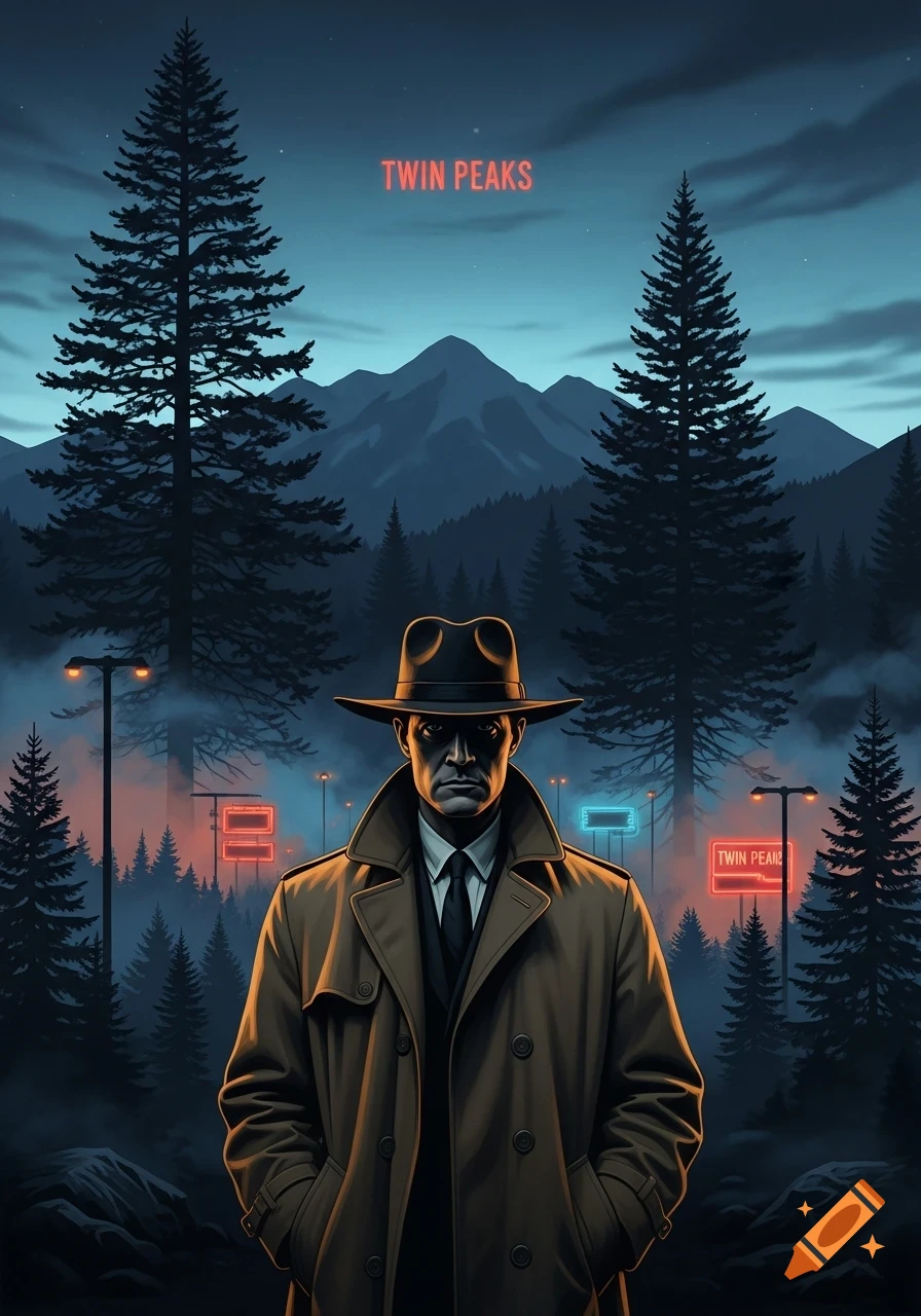 A man in a trench coat and fedora stands in a dark forest with mountains in the background, neon signs glow red and blue, and "TWIN PEAKS" is written in red at the top.