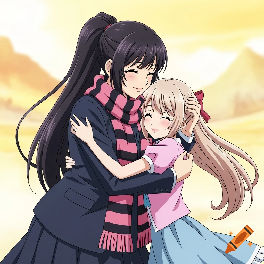 Two anime girls, one with dark hair and a pink-striped scarf, embracing a blonde girl in a pink and blue dress.