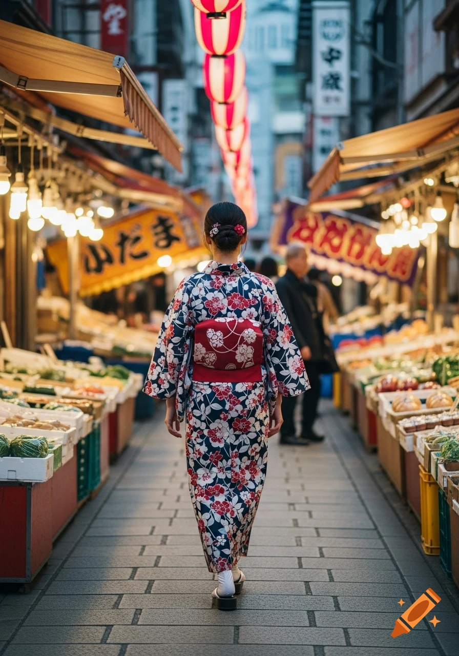 Rear view of a woman in a floral kimono walking down a narrow street market with bright lanterns and food stalls in Japan.