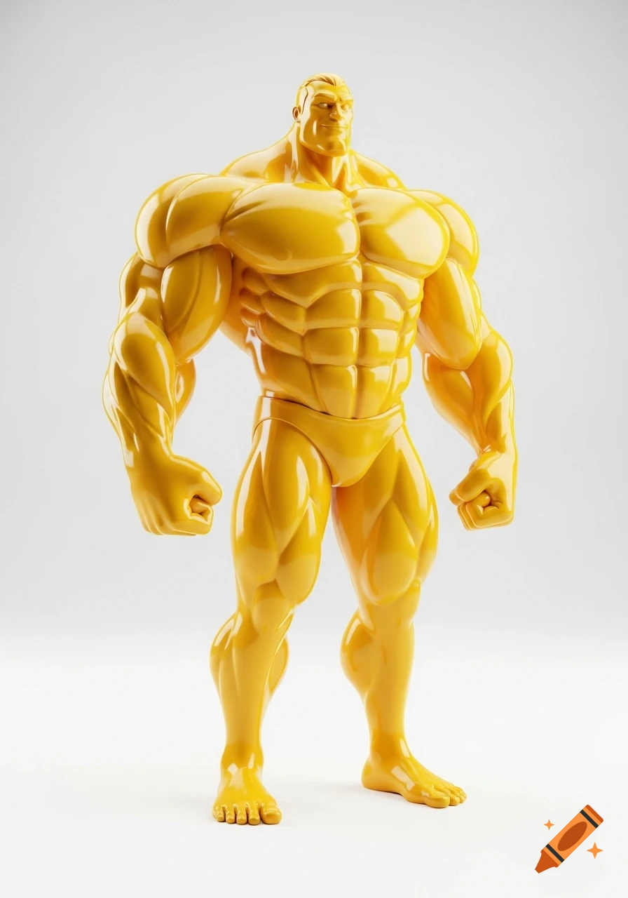 A shiny yellow muscular cartoon character action figure or statue standing against a white background.