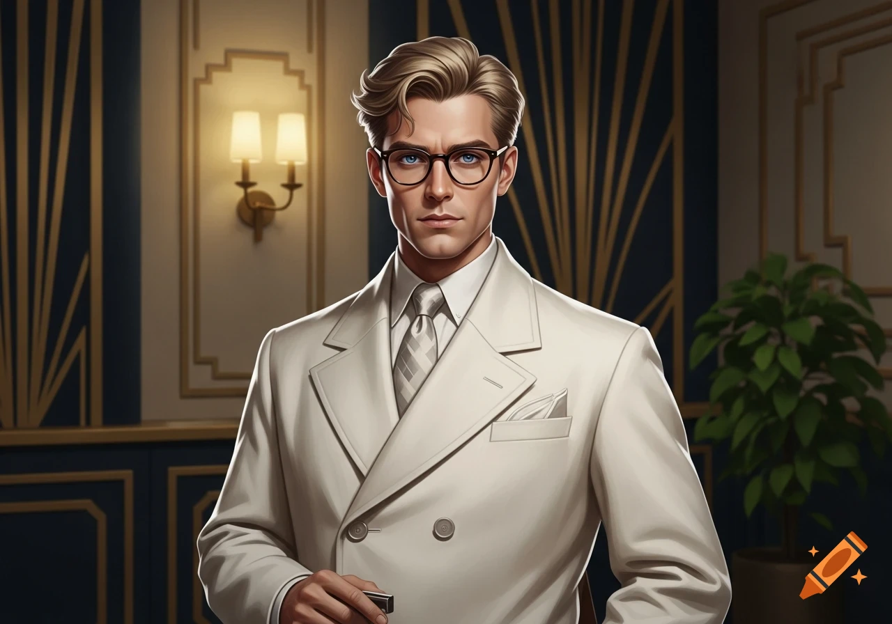 A stylish man with blond hair and glasses in a white suit stands against an Art Deco background.