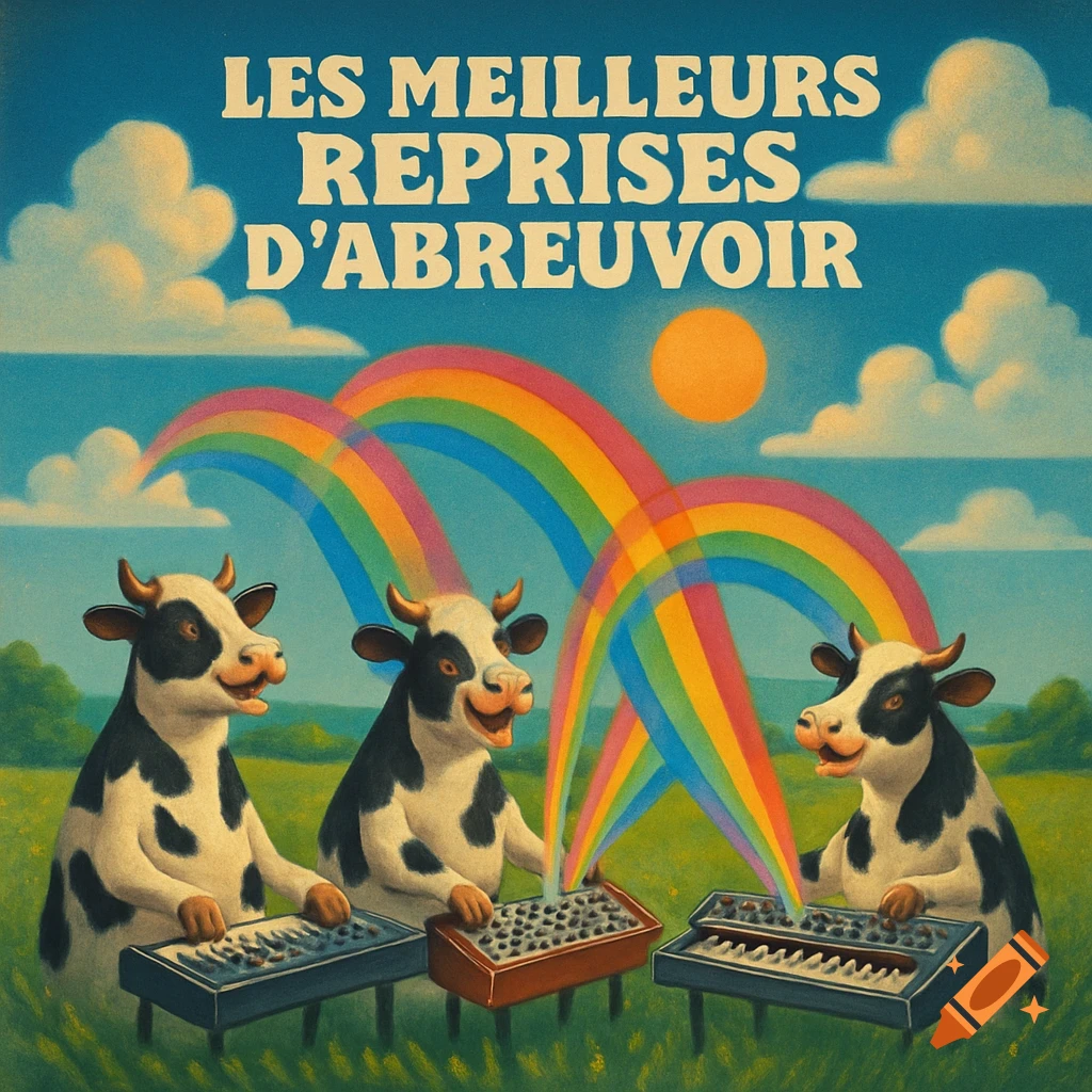 Retro album cover art featuring three smiling cows playing synthesizers in a vibrant green field with rainbows and a bright orange sun under a blue sky. Text reads 'LES MEILLEURS REPRISES D'ABREUVOIR'.