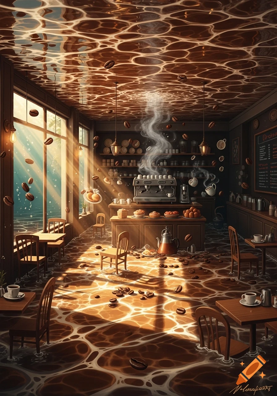 A whimsical coffee shop interior flooded with liquid coffee, floating coffee beans, and sunbeams.