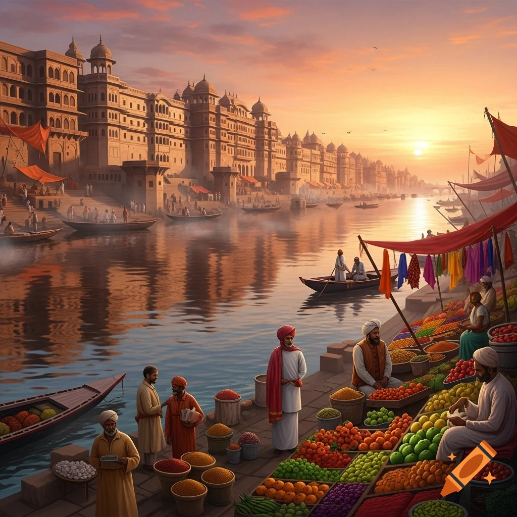 A bustling market lines the banks of a wide river at sunset, with historical buildings, boats, and people, all reflected in the water.