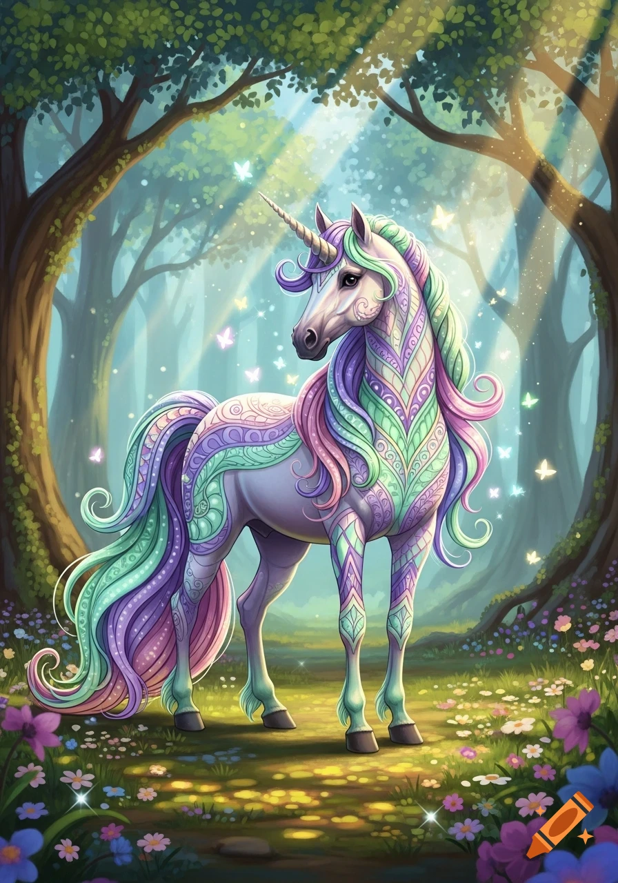A colorful, stylized unicorn with intricate patterns and a vibrant mane and tail stands in a sunlit magical forest with butterflies.