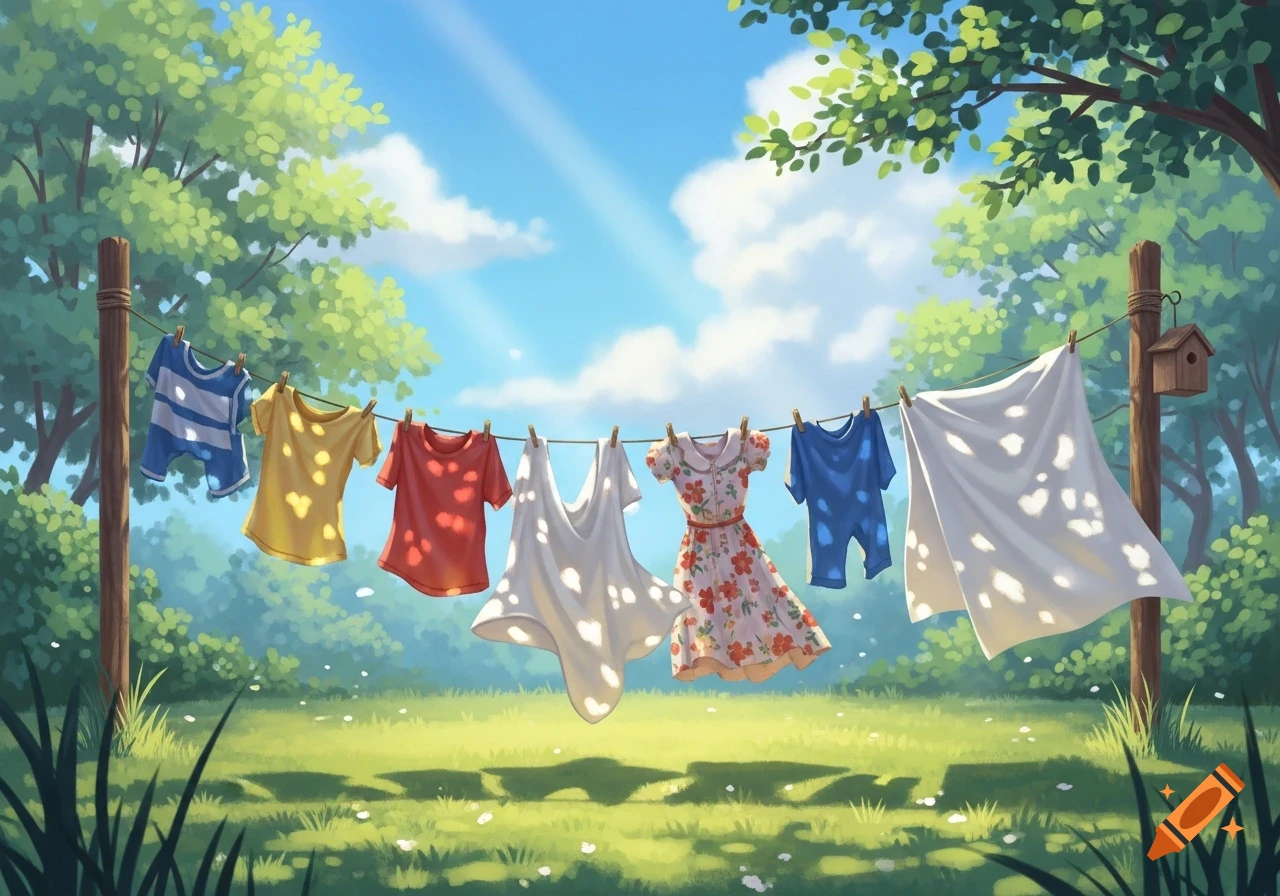 Colorful laundry hangs on a clothesline in a sunny, green backyard with trees and a birdhouse, in an illustration style.