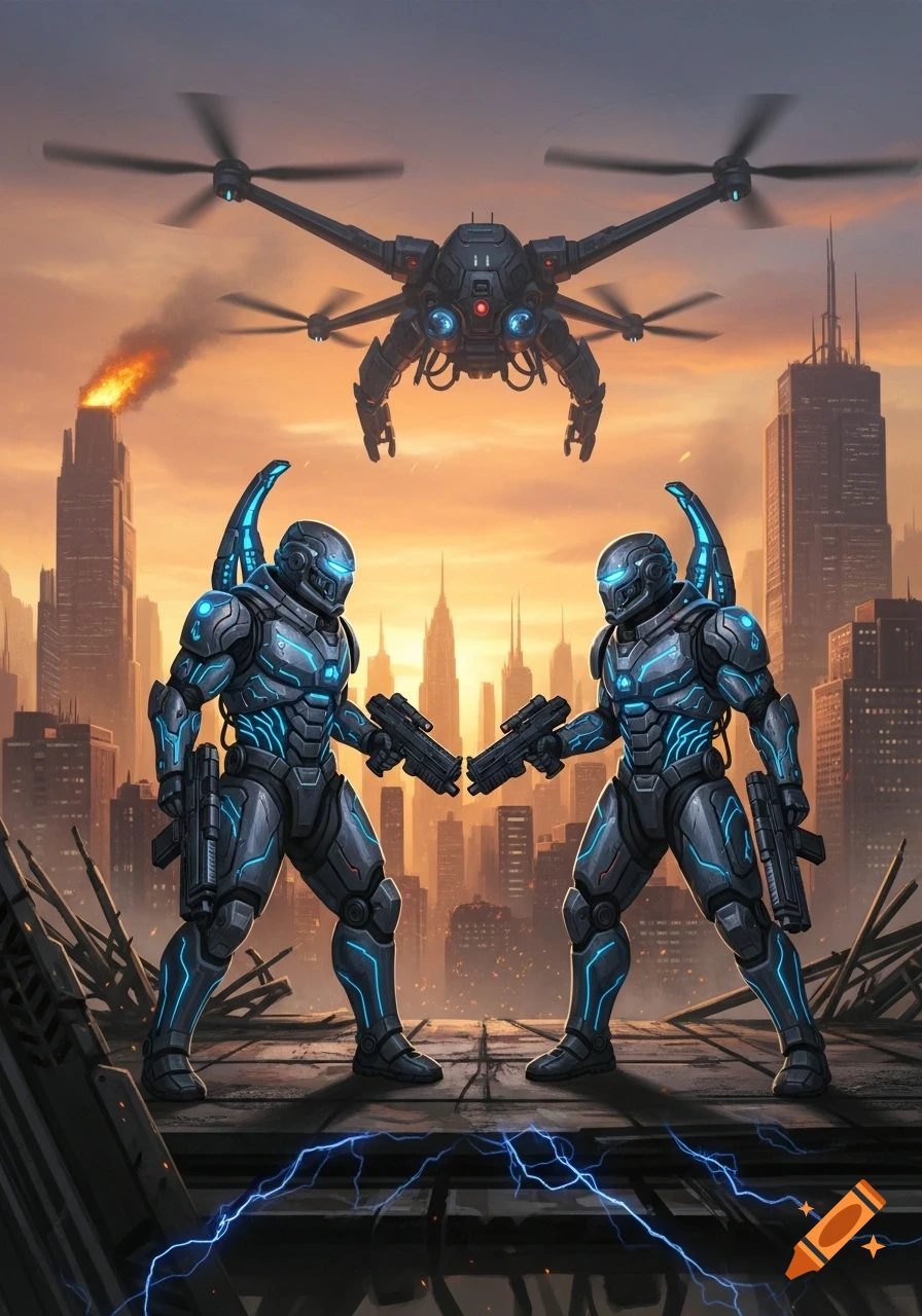 Two armored futuristic soldiers with guns stand on a platform with electric arcs, beneath a large drone flying over a burning cityscape at sunset.