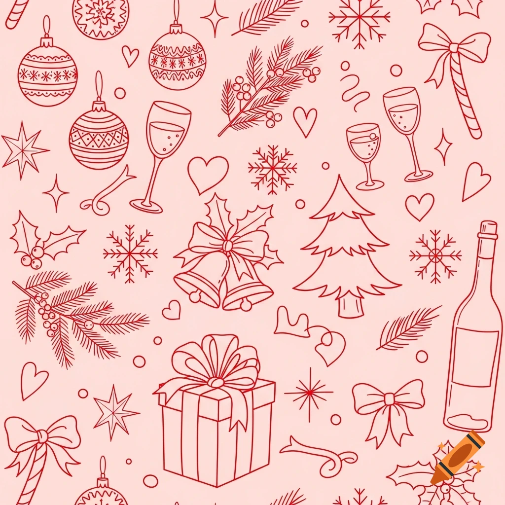 A festive doodle pattern with red line art Christmas ornaments, snowflakes, gifts, trees, and champagne glasses on a pink background.