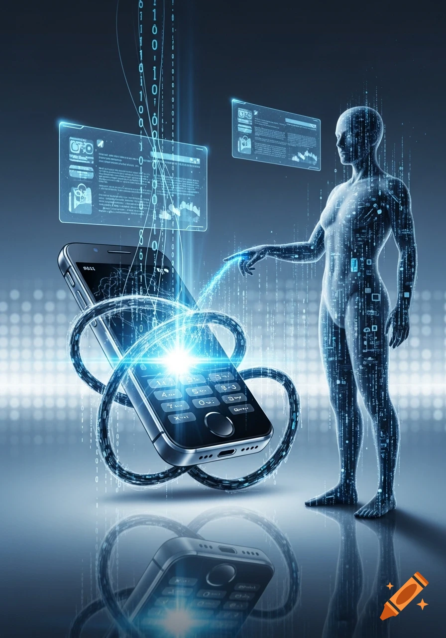 A glowing, translucent humanoid figure made of data interacts with a futuristic mobile phone, surrounded by binary code and holographic screens.
