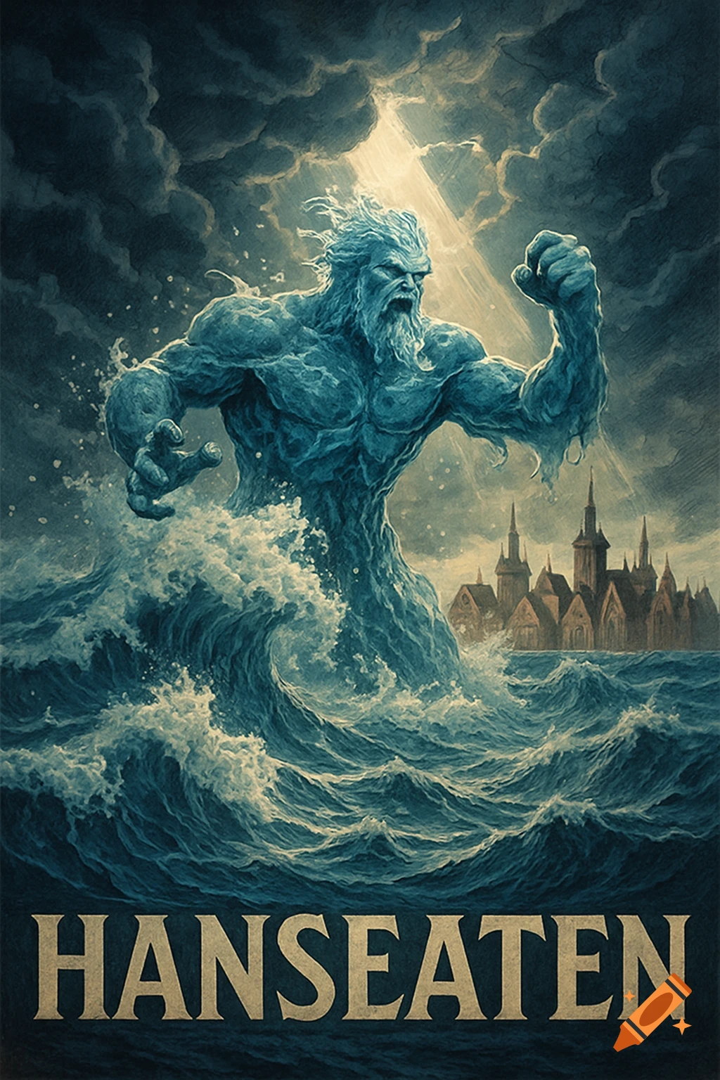 Dramatic illustration of a powerful water titan emerging from stormy seas with a medieval city in the background. The text 'HANSEATEN' is at the bottom.