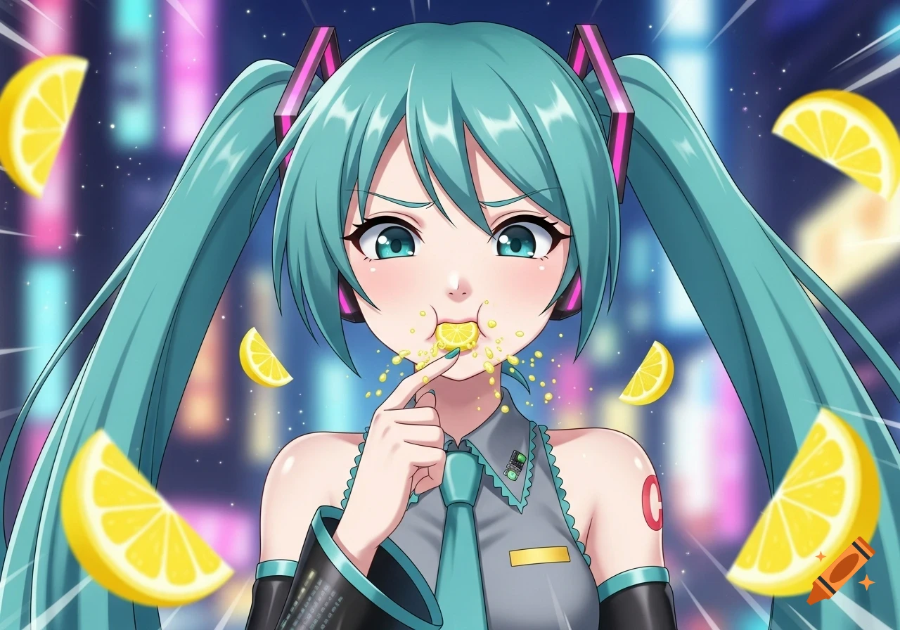 Anime Hatsune Miku with a sour face, eating a lemon slice with juice splashing, against a city night background.