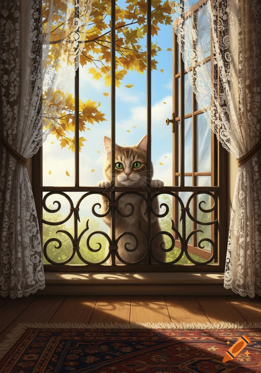 A fluffy tabby cat with green eyes peers through wrought iron window bars, looking at golden autumn leaves outside.