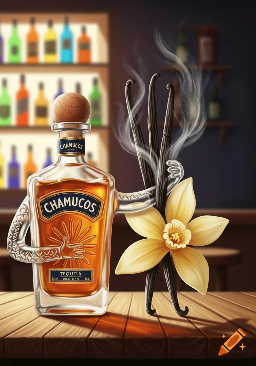 An illustrated Chamucos tequila bottle with glass arms holding several vanilla beans and a vanilla flower, on a bar counter.