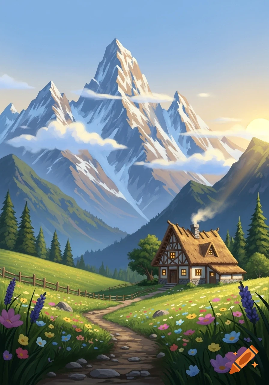 A vibrant cartoon illustration of a cozy cottage in a flowery meadow with a path, majestic snow-capped mountains, and a sunny sky.