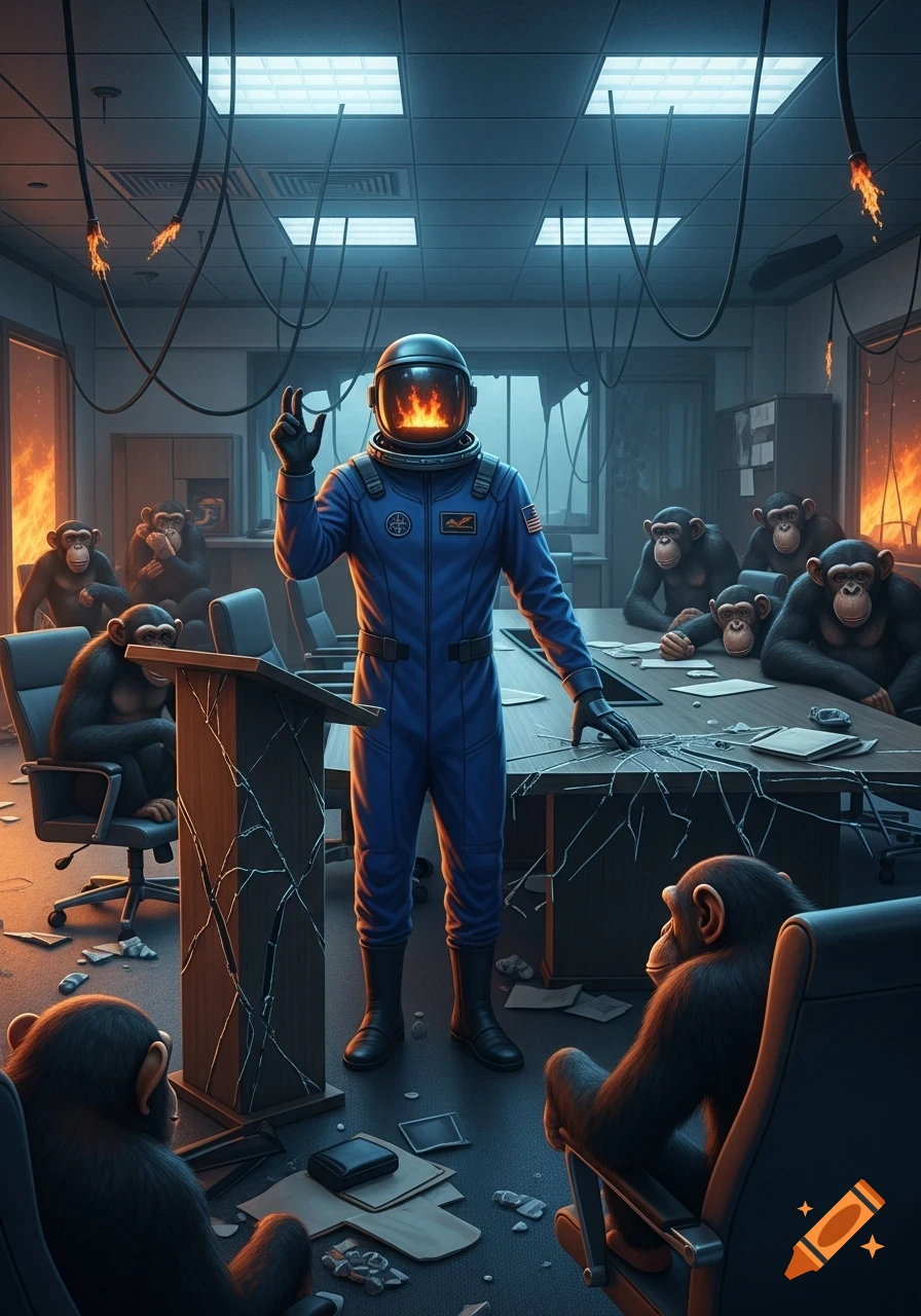 A man in a blue spacesuit with a burning helmet stands in a destroyed office, addressing several chimpanzees amidst fire and debris.