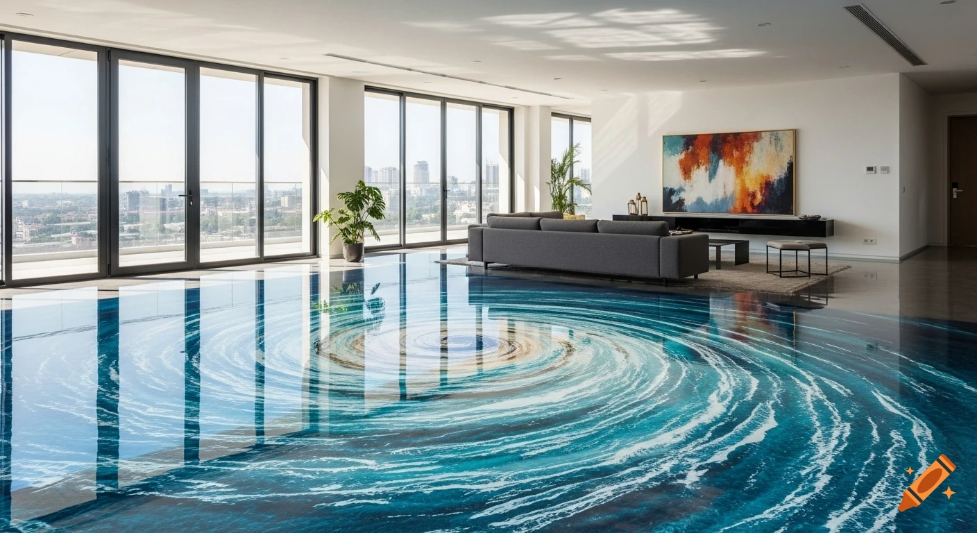 Modern high-rise living room with floor-to-ceiling windows, city view, and a realistic 3D epoxy floor featuring a swirling blue and white vortex design.