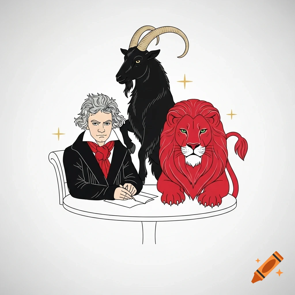 Minimalist line art illustration of Beethoven writing at a table with a black goat and a red lion.