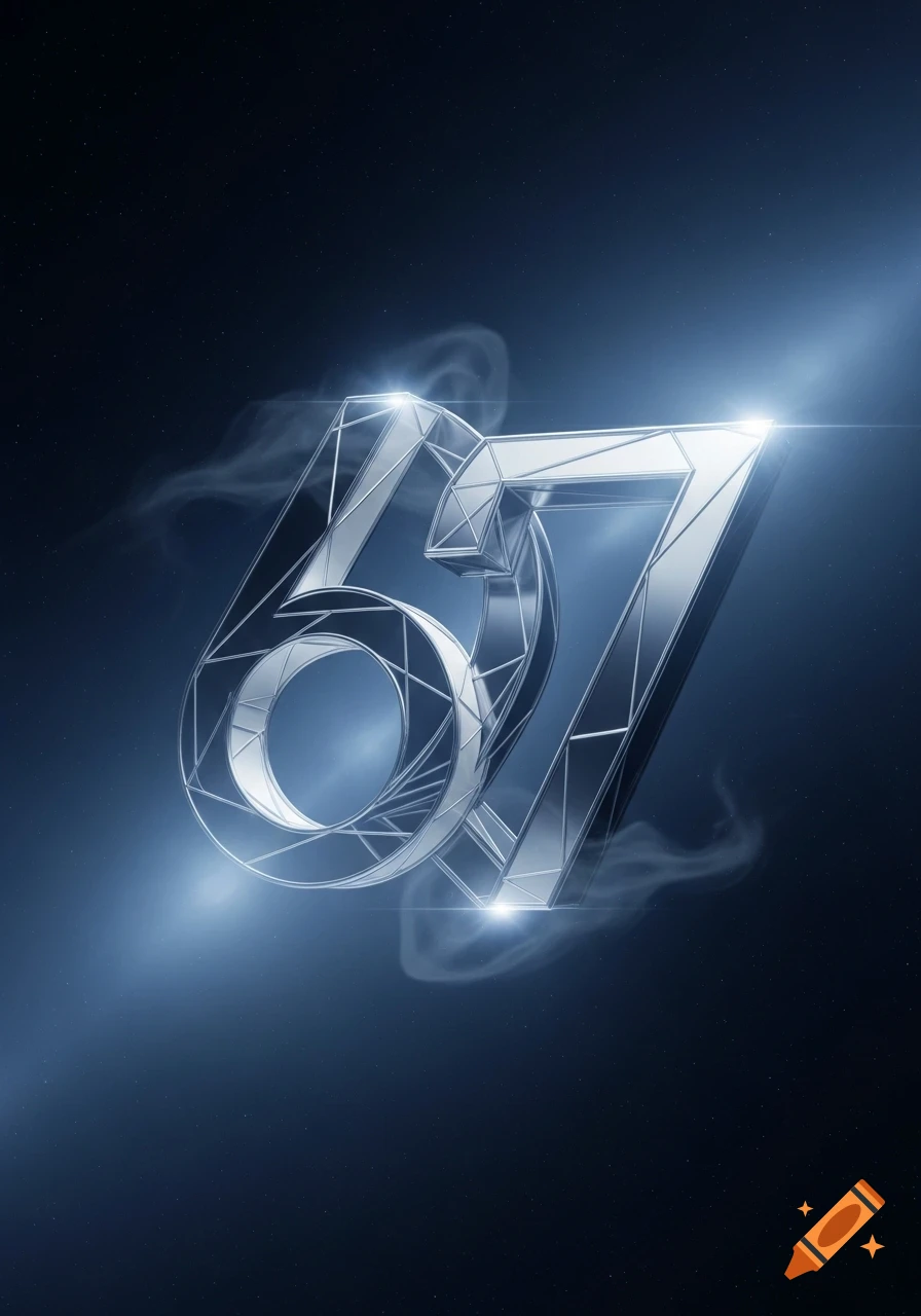 Shiny, faceted metallic numbers '67' with blue light glows and smoke against a dark, starry background.