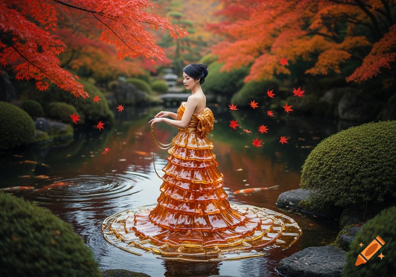 A woman in a vibrant amber, tiered dress stands in a Japanese koi pond, surrounded by falling red maple leaves during autumn.