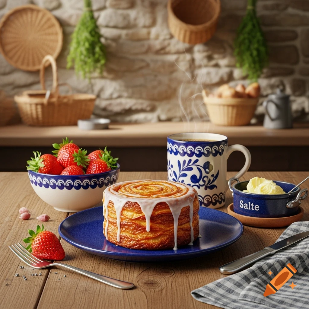 A layered pastry with white icing sits on a blue plate next to a bowl of strawberries, a steaming mug of coffee, and a small blue pot labeled 'Salte' containing butter, all on a wooden table in a rustic kitchen setting.