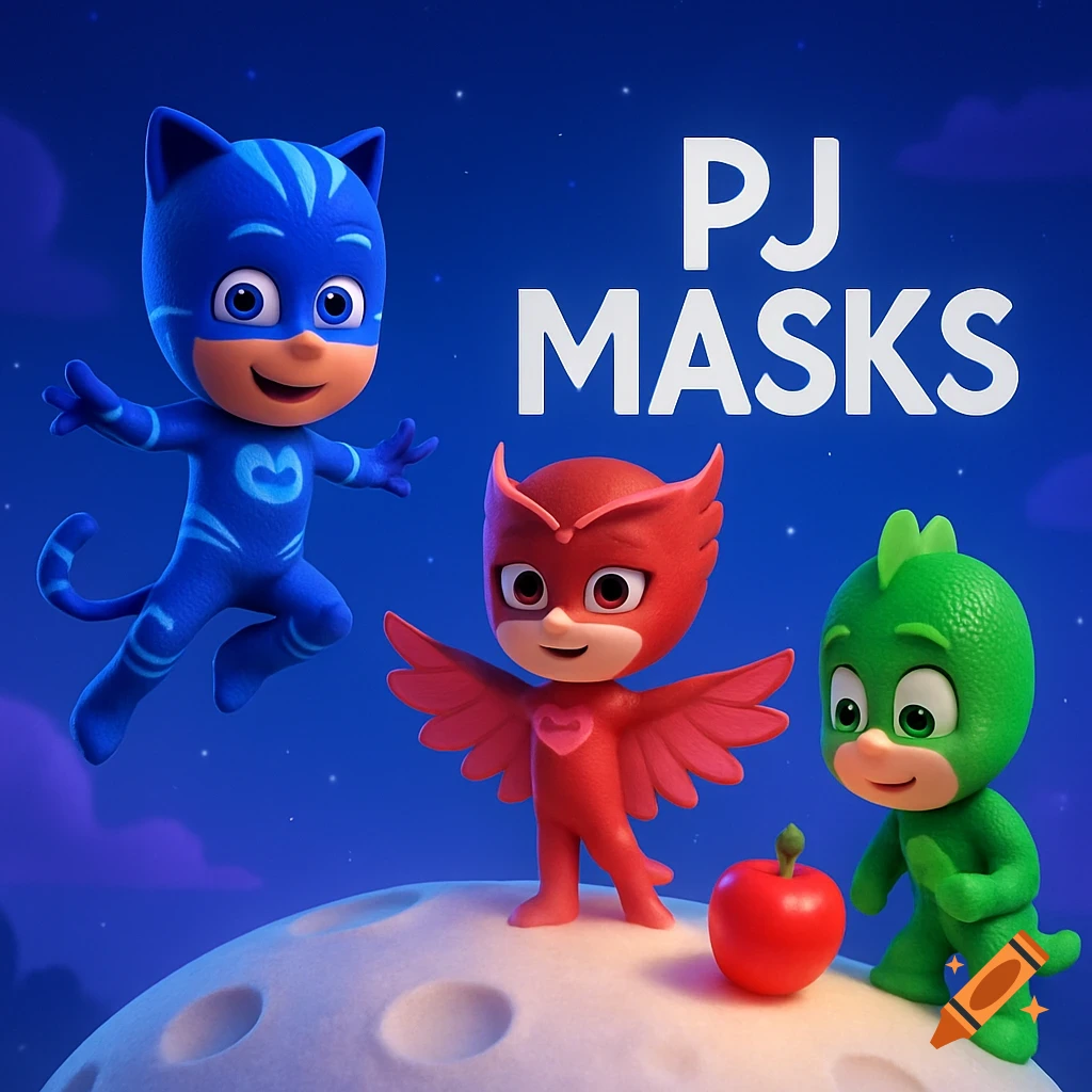 3D animated PJ Masks characters Catboy, Owlette, and Gekko on a moon surface under a starry night sky.