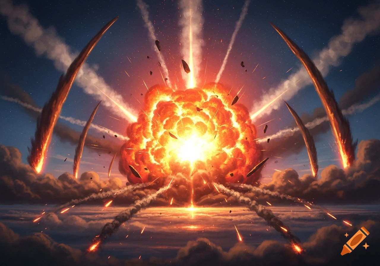 A massive, fiery explosion dominates the night sky, with glowing meteors streaking through clouds towards the horizon.