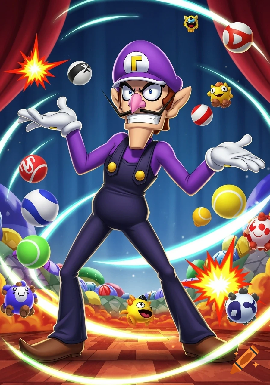 Cartoon Waluigi in purple overalls and hat, with a 'Γ' symbol, dramatically gesturing amidst flying tennis balls and kart items in a theatrical setting.