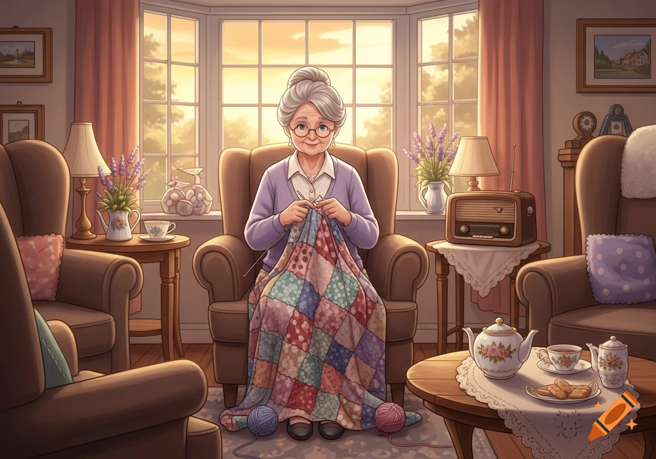 A smiling elderly woman with grey hair and glasses knitting a colorful quilt in a cozy living room by a large bay window.