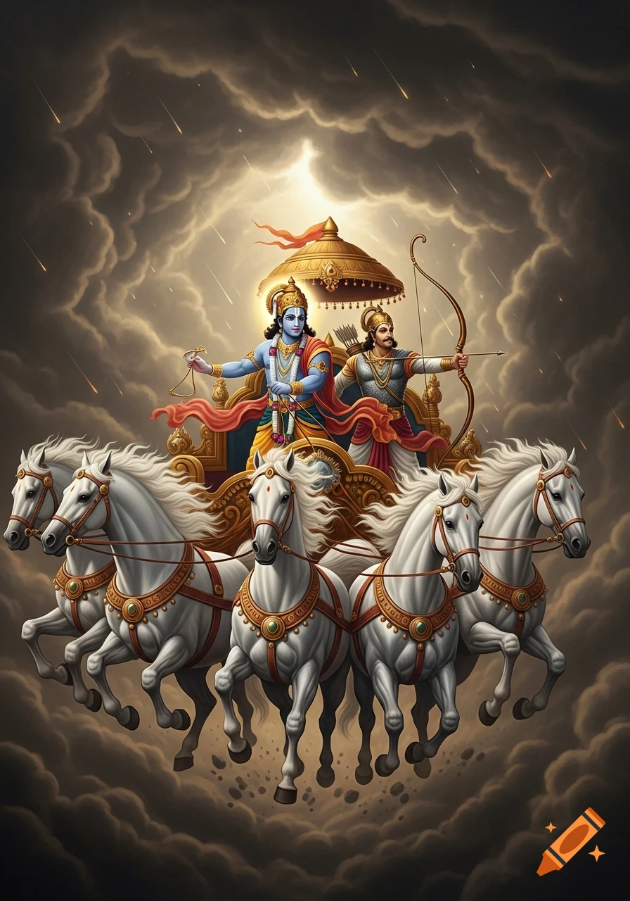 Blue-skinned Krishna and Arjuna in a golden chariot pulled by four white horses through stormy clouds with streaks of light.