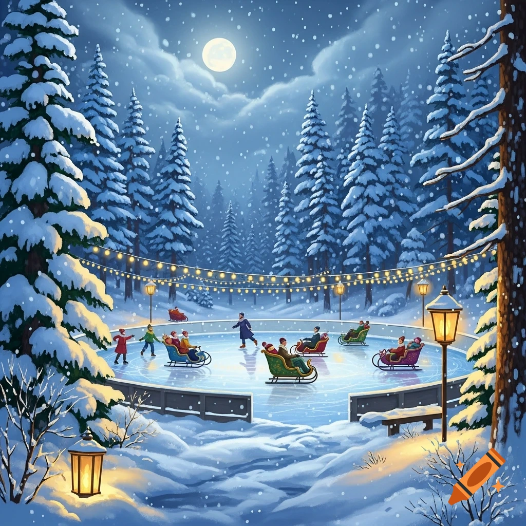 Cozy winter illustration of people ice skating and sledding on a lit rink amidst snowy trees under a full moon.