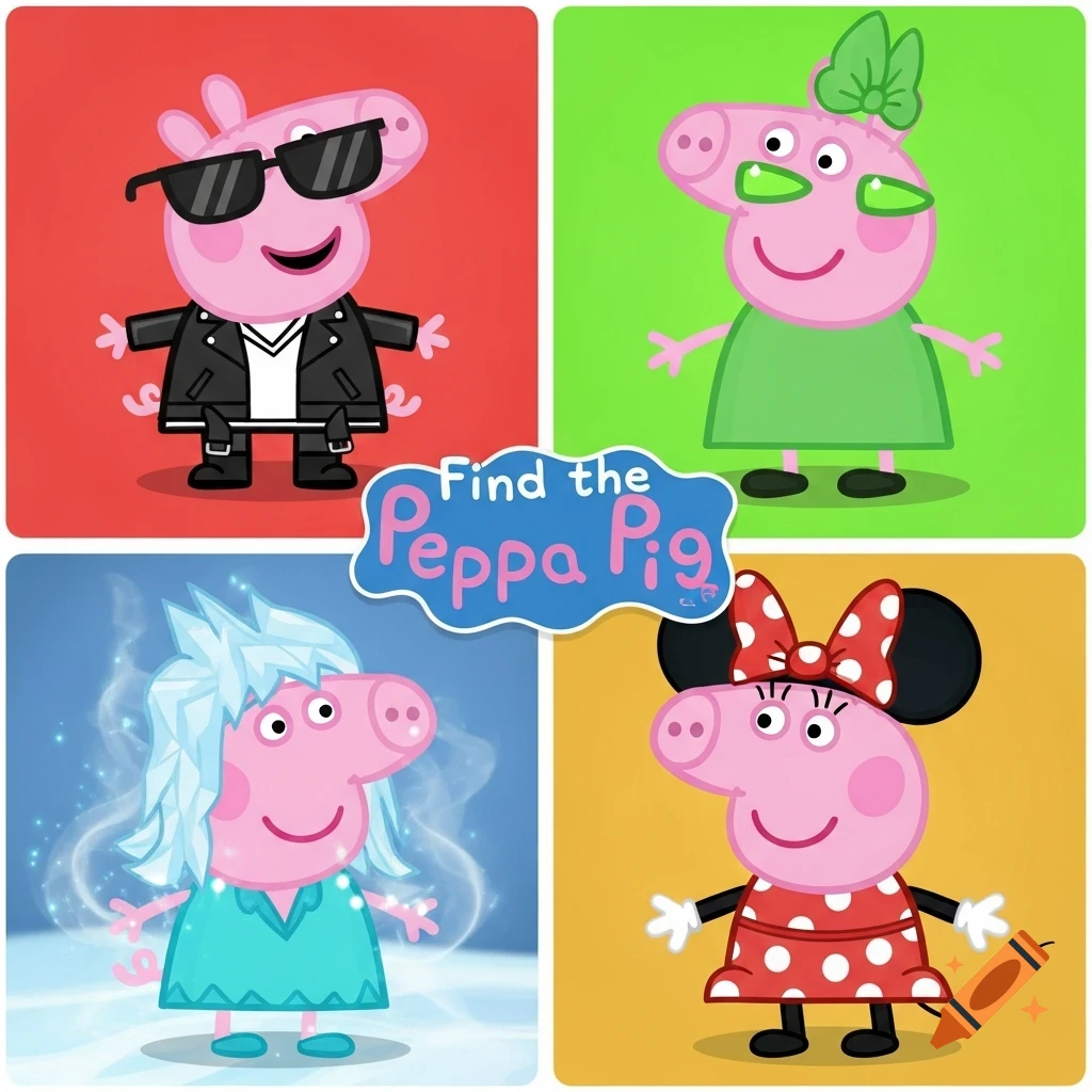 A four-panel image featuring Peppa Pig in different costumes: a biker, a green-dressed pig with green eye effects, an ice princess, and Minnie Mouse. Text reads 'Find the Peppa Pig'.