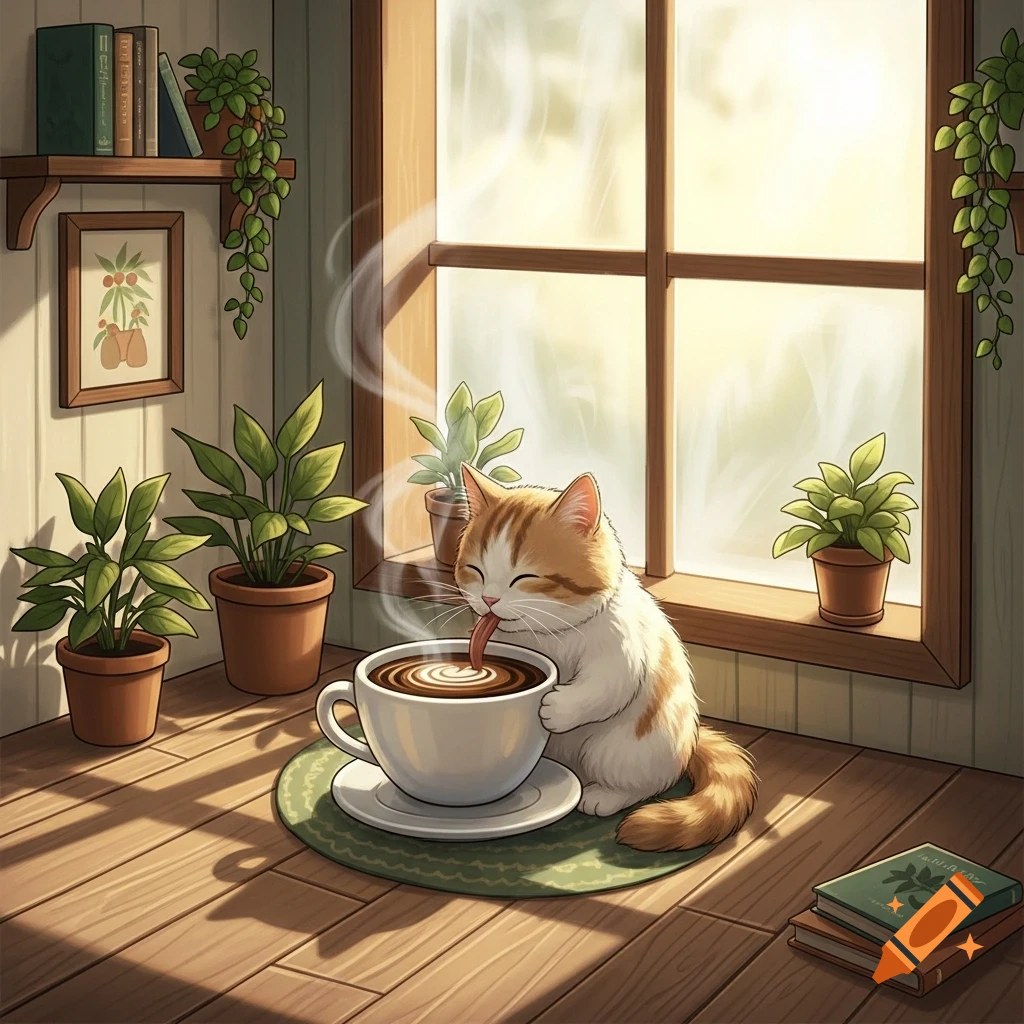 Cute cartoon cat with orange and white fur happily licking coffee from a steaming white mug in a sunlit room filled with potted plants.