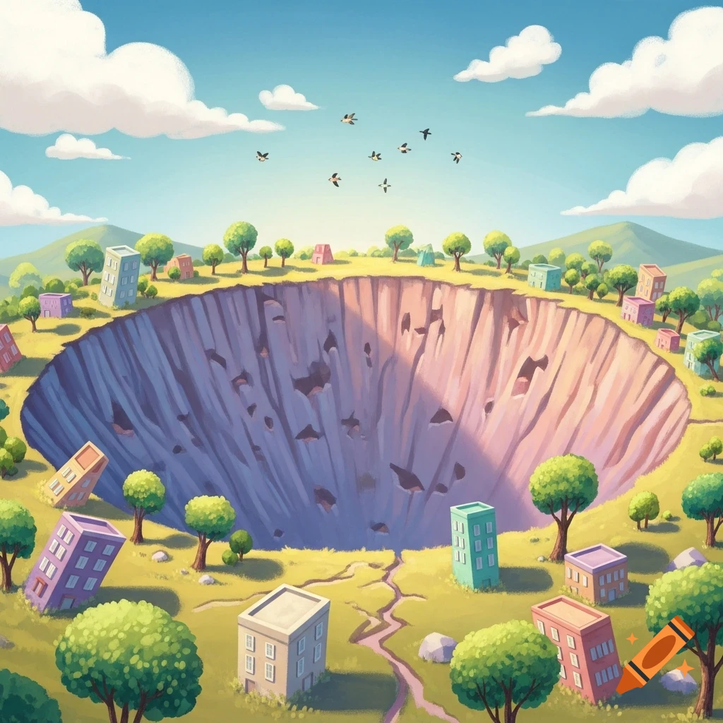Colorful children's book illustration of a large crater surrounded by leaning buildings and trees under a blue sky with clouds and birds.